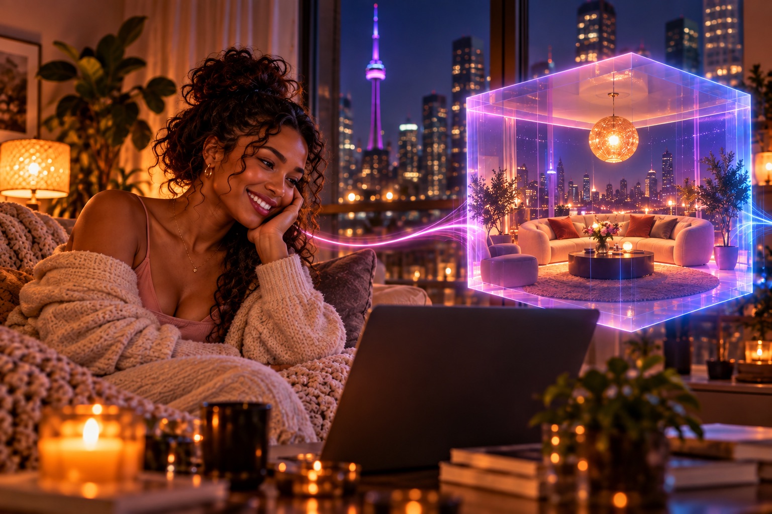 One partner relaxing at home with the shared virtual lounge visible beside her