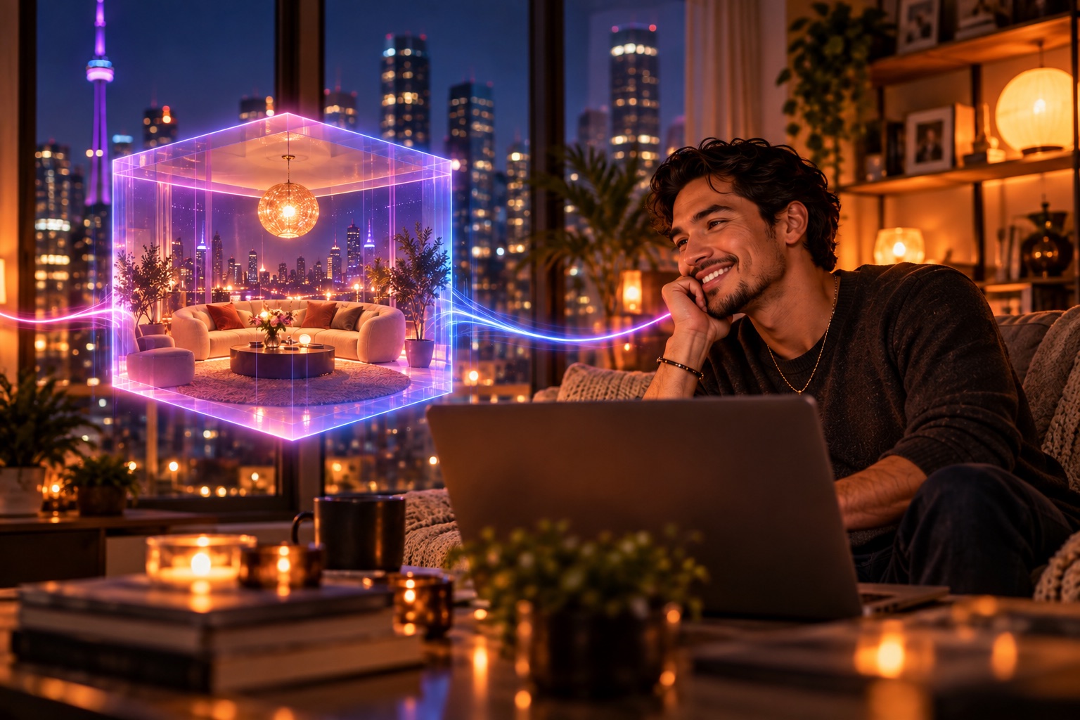 The other partner relaxing at home with the shared virtual lounge visible beside him