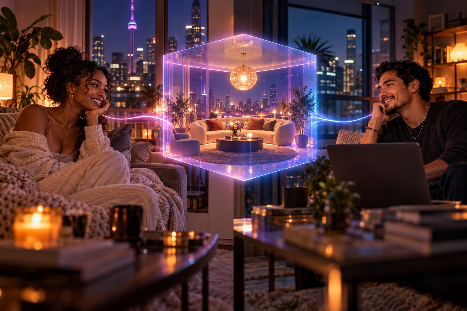 Both people smiling from their separate homes as a glowing virtual lounge connects them