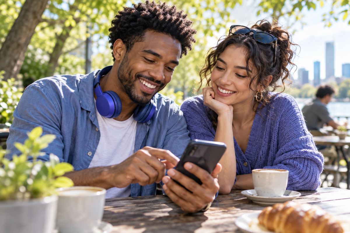 Two friends exploring a mobile app together outdoors