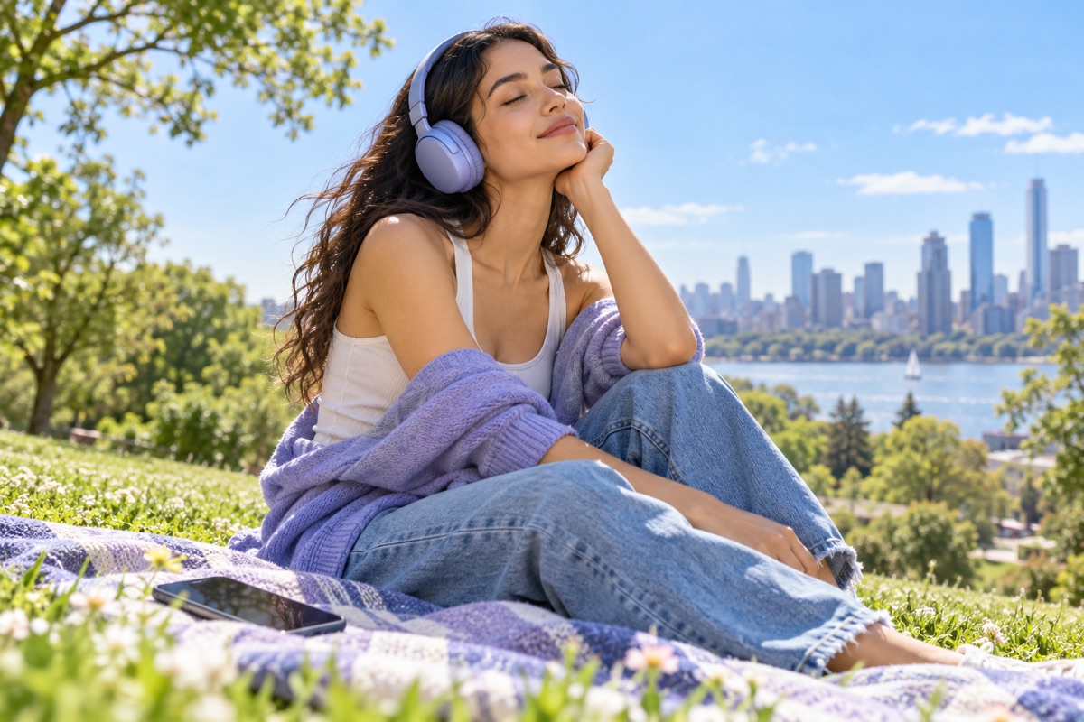A woman listening to music outdoors in daylight