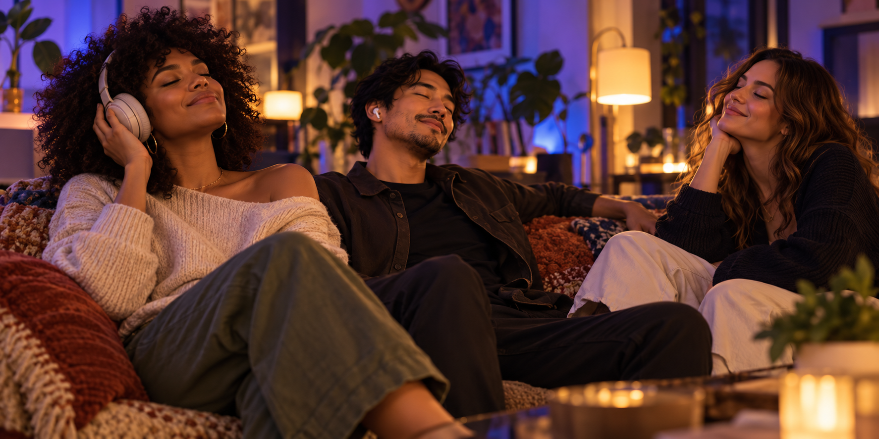 Three friends relaxing and listening to music together