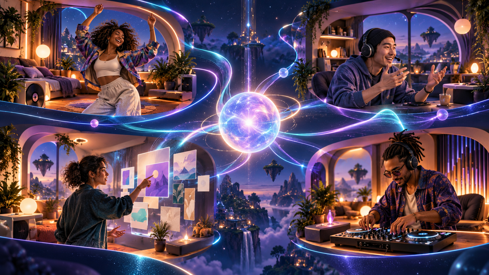 Four people share a connected virtual space while dancing, talking, collaborating and mixing music in their own rooms