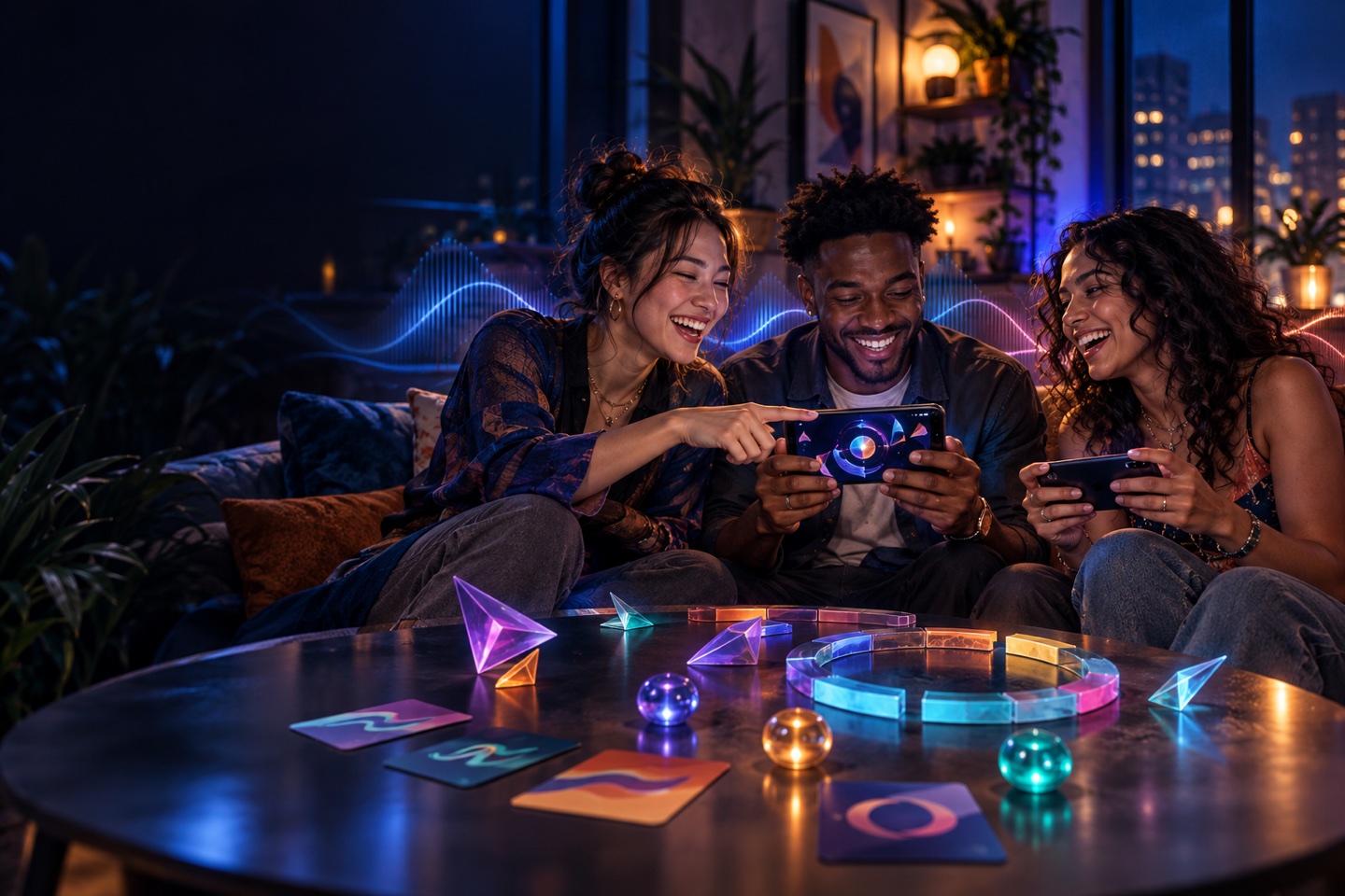 Three friends enjoying a mobile music game together