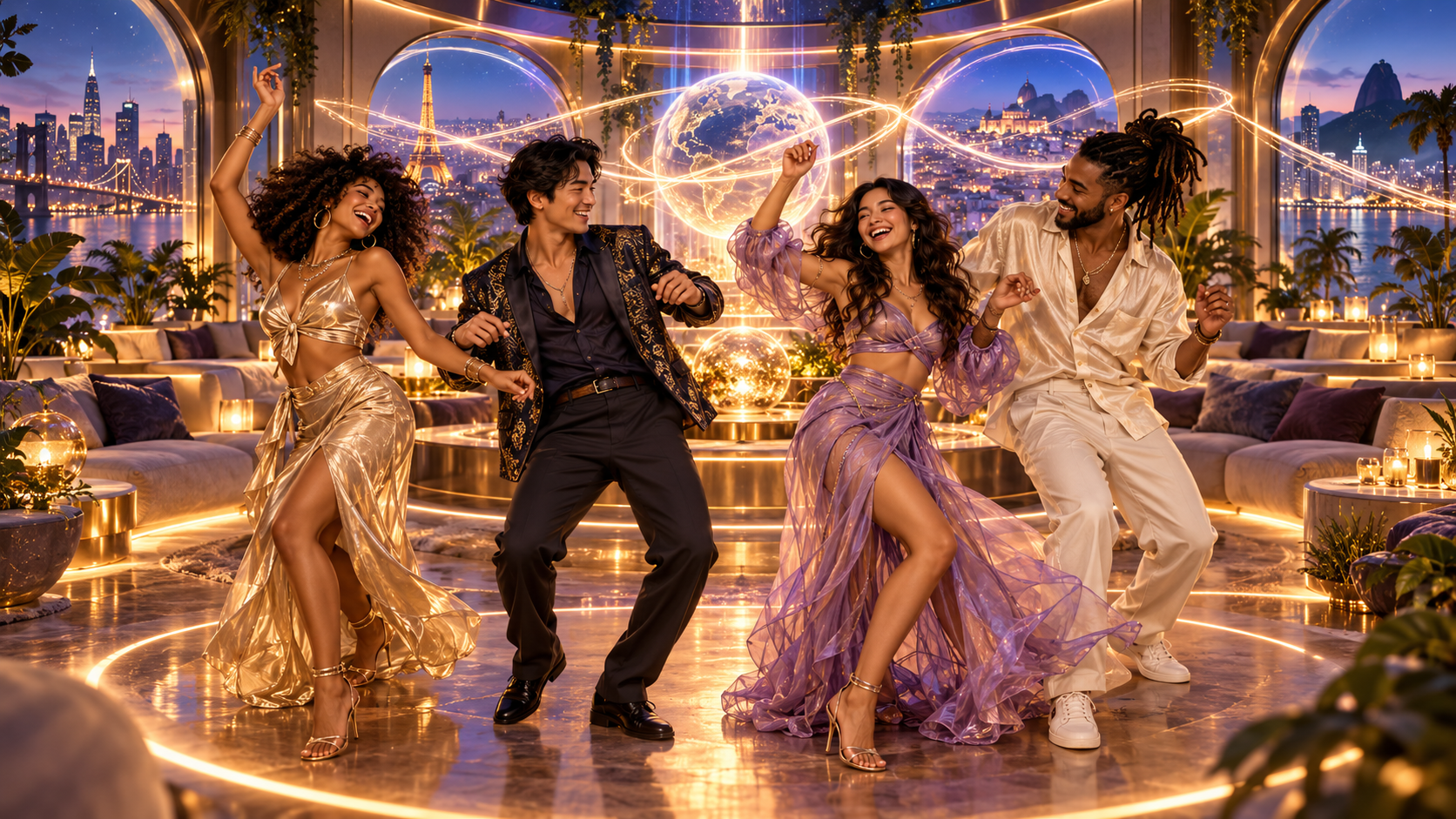 Four guests dancing together in one shared virtual room, connected across distance