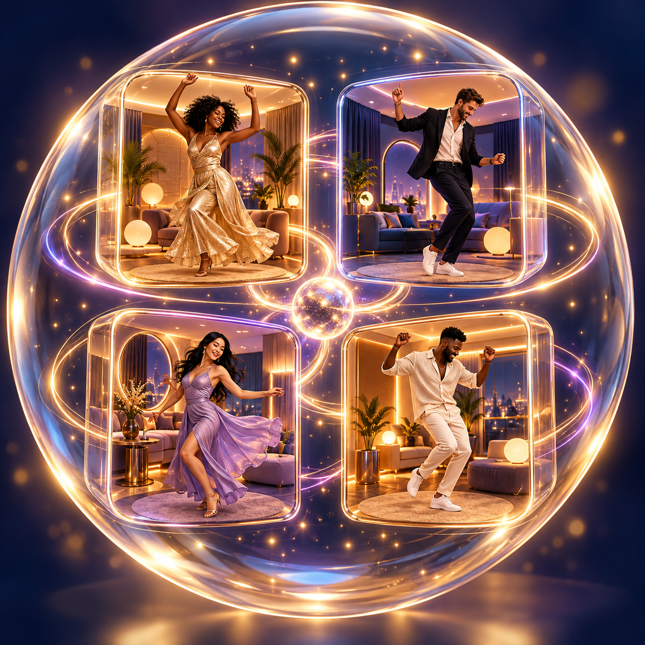 Four guests dancing in their own connected virtual rooms