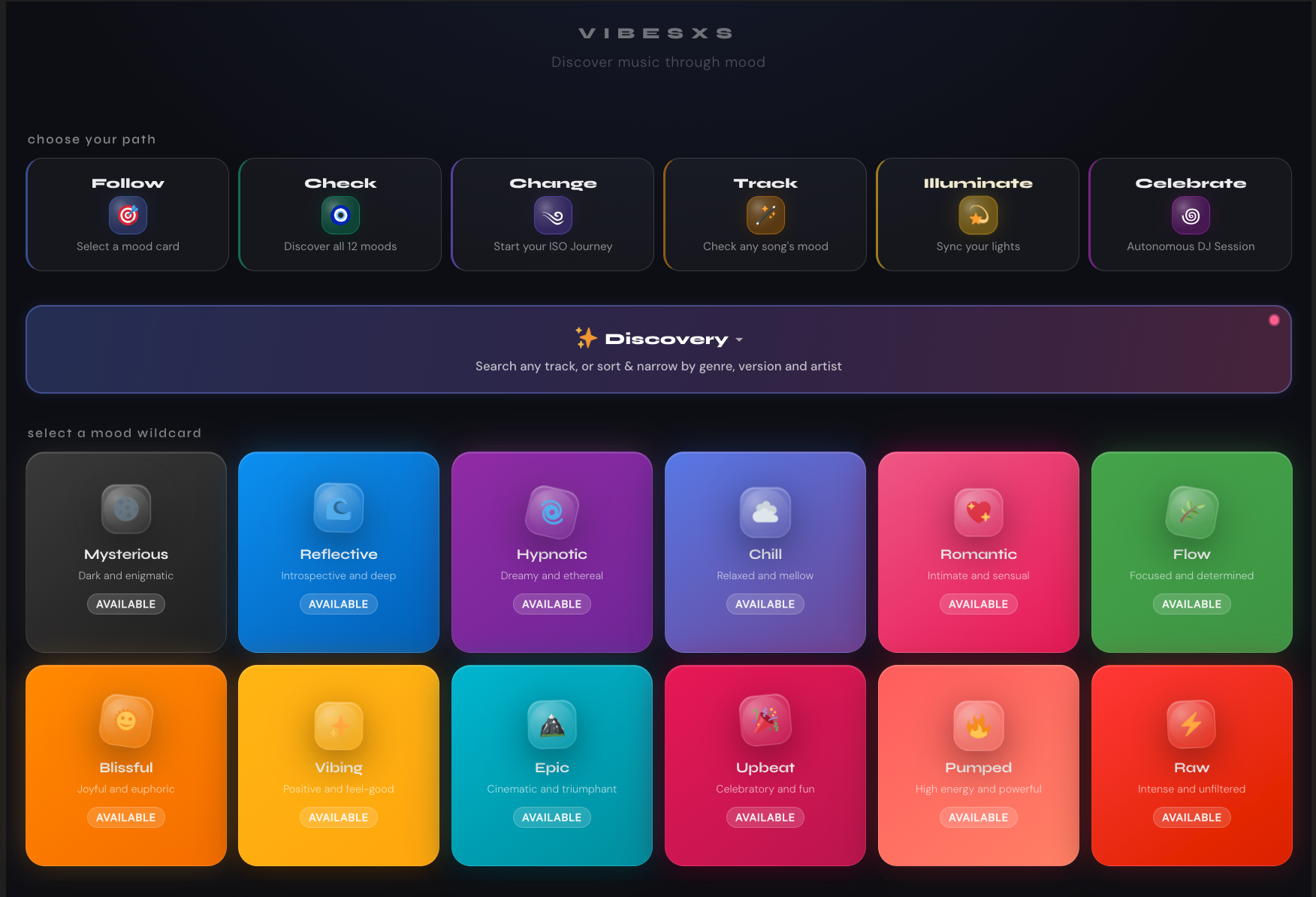 The homepage's choose-your-path pills, the Discovery panel, and the full set of twelve mood cards, in the order they appear on the page