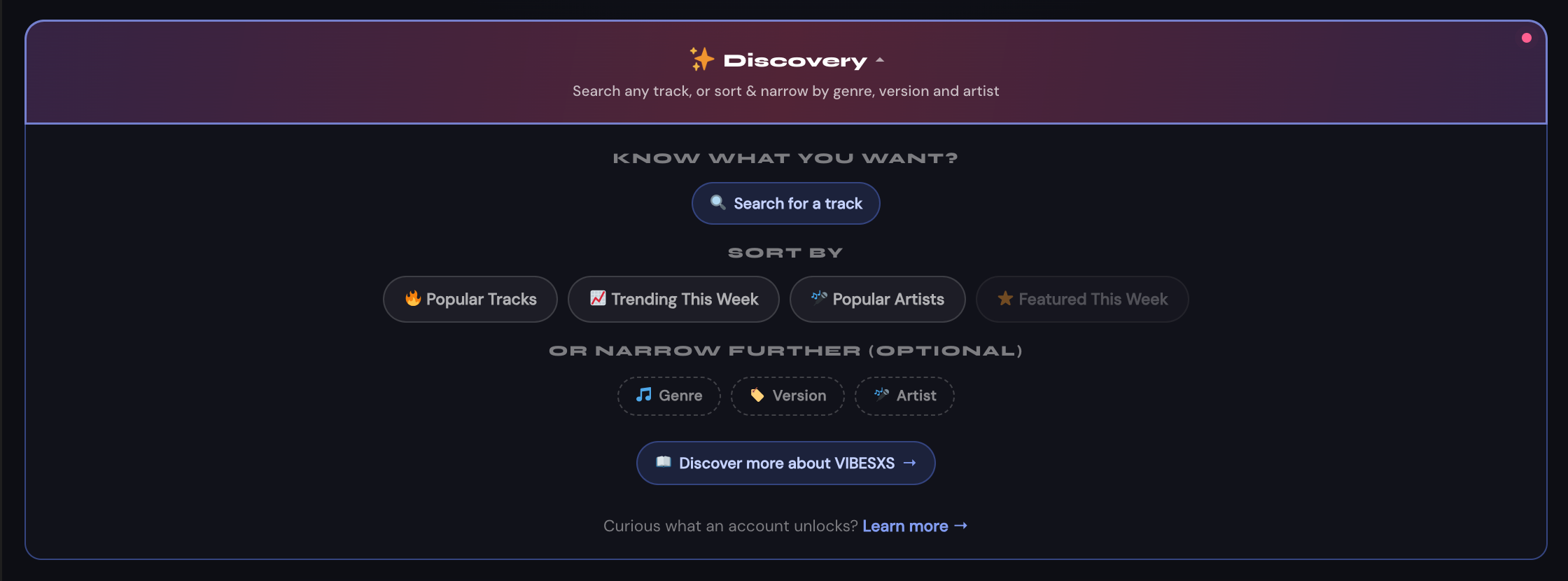 The homepage's Discovery panel expanded, showing the search box, sort chips, narrow-by chips, and the Discover more about VIBESXS link
