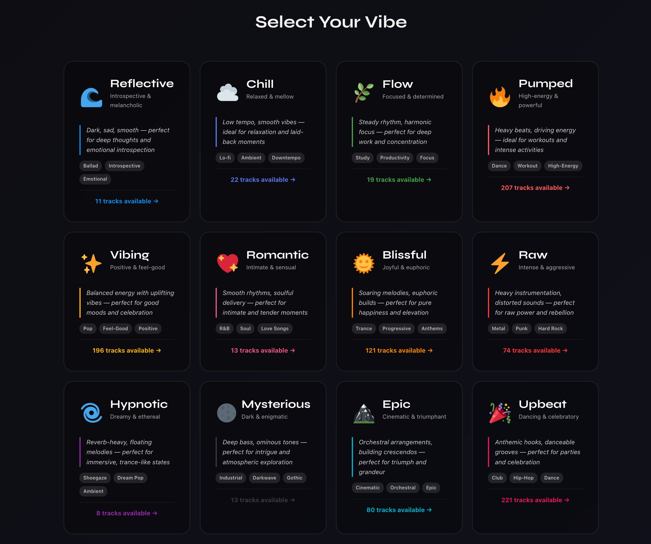 Mood Discovery's Select Your Vibe grid, showing all 12 moods with live track counts
