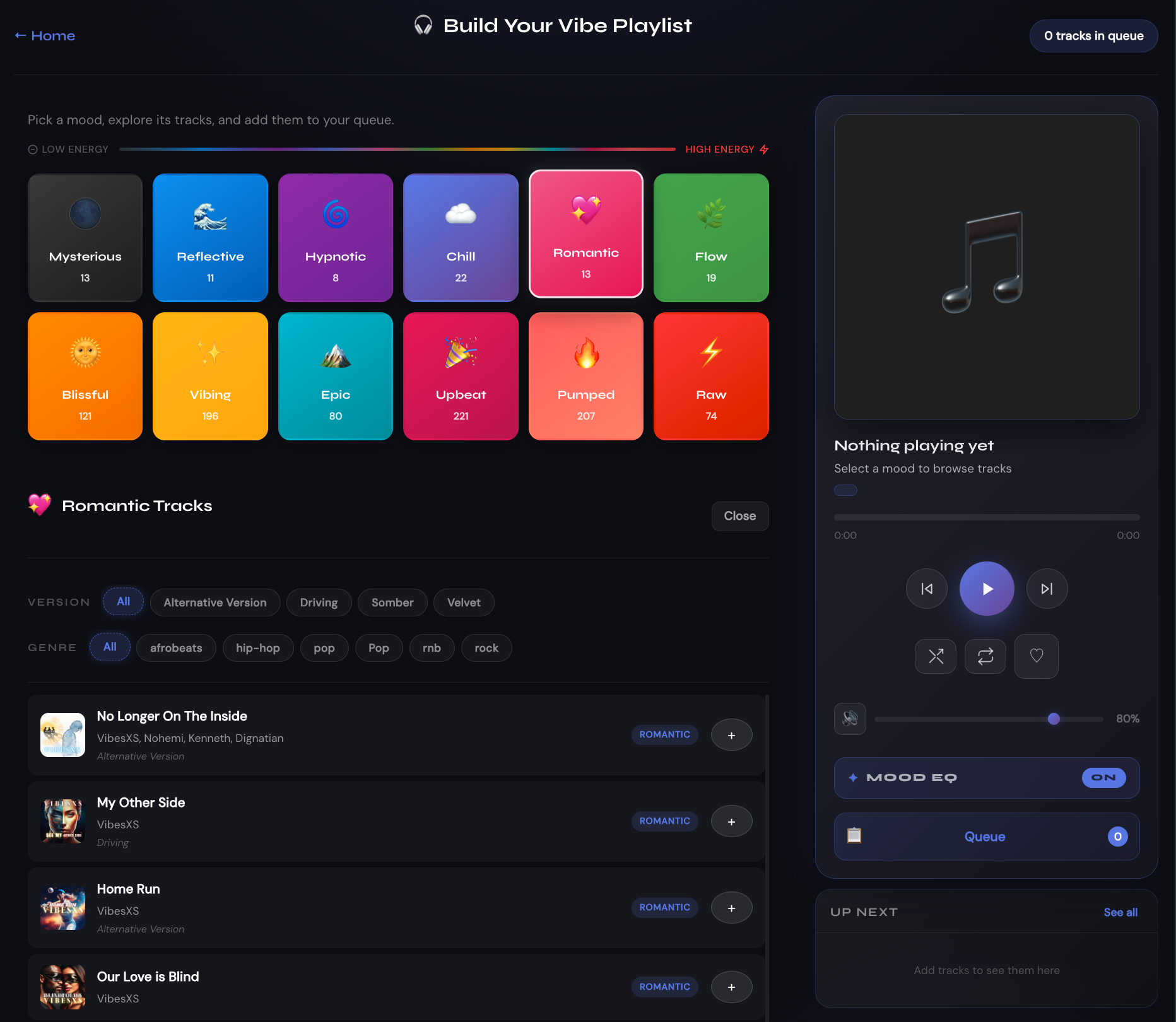 The Playlist Builder mood-card picker, with a mood selected and its tracks listed below