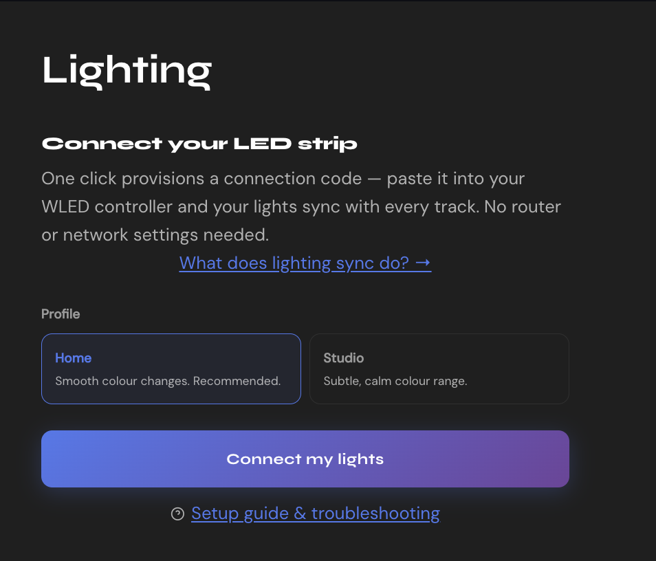 The lighting setup page, showing the Home and Studio profile options and the Connect my lights button